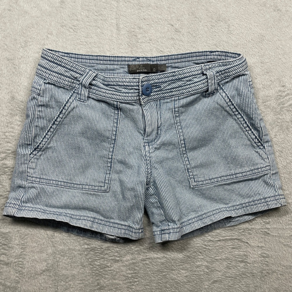 prAna Shorts Womens 0 Blue White Striped Breathe Cotton Stretch Low Rise 3.5"